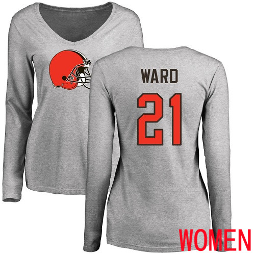 Cleveland Browns Denzel Ward Women Ash Jersey #21 NFL Football Name and Number Logo Long Sleeve T Shirt